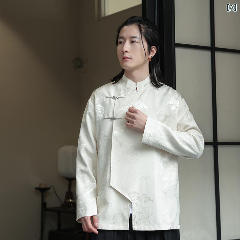 メンズ ファッション チャイナ風 レトロ おしゃれ 文学 ジャカード 漢服 瞑想 メタル バックル ジャケット