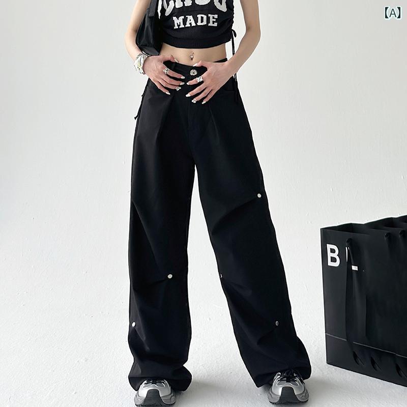 レディース カジュアル パンツ バギー おしゃれ ストリート ゆったり 春秋 女性 グレー カーゴ ハイウエスト スタッズ アメリカン レトロ スーツ ストレート ワイド レッグ