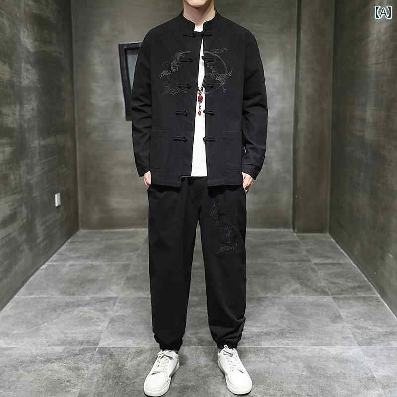 メンズ 春秋 中華風 スーツ レトロ 道教 ローブ 刺繍入り ジャケット チュニック 中国 唐｜セキュアデポ