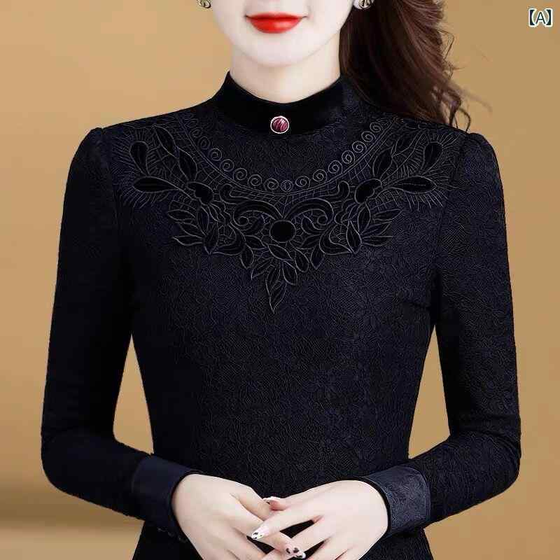 レディース トップス 上品 スタイリッシュ ファッション 韓国 黒 ハーフ タートルネック レース レイヤリング シャツ 女性 春秋 裏起毛 厚手 スリムフィット