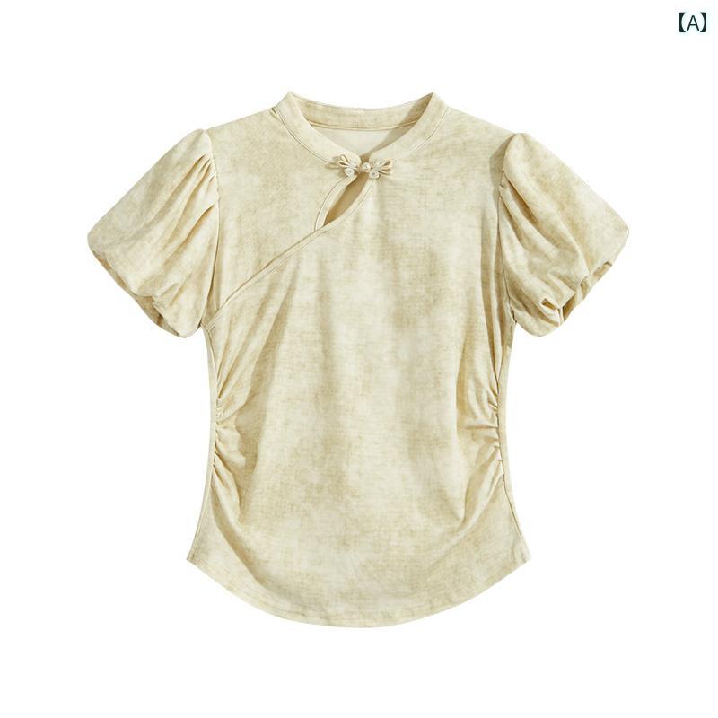 レディース 夏 トップス シャツ ブラウス 華風 半袖 ボタン 中華風 パフスリーブ ピンチ ウエスト 女性用