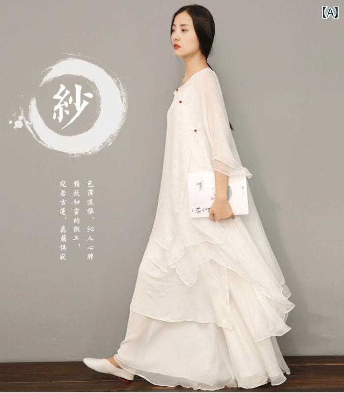 レディース ファッション 中華風 白い 瞑想 ダンス 服 女性 漢服 文学的 エレガント ゆったり ミドル丈 ドレス ツーピース｜セキュアデポ