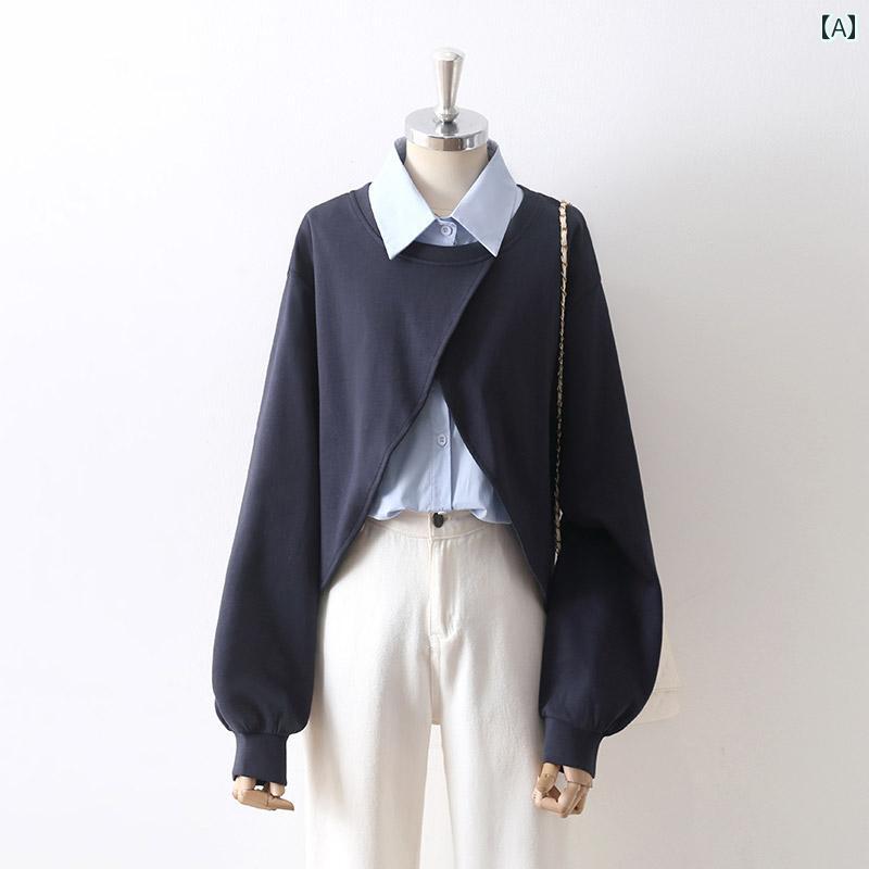 レディース シャツ ブラウス スプライシング フェイク ツーピース スタック スウェットシャツ 女性用 ブルー シック トップス