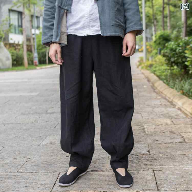 メンズ カジュアル パンツ 春 リネン ストレート ワイド レッグ 大きいサイズ カフス 唐 スーツ チャイナ 風