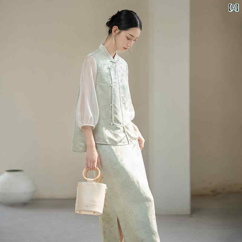 レディース 夏 流行り物 中華 レトロ 唐装 トップス 引きあわせる的 色合い うしろ側 ルティー 背広 限りない スコート