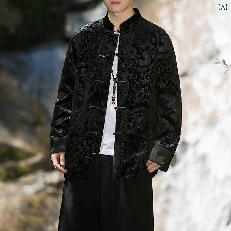 メンズ 秋 中華風 レトロ ゴールド ベルベット 唐 スーツ ジャケット 大きいサイズ 漢服