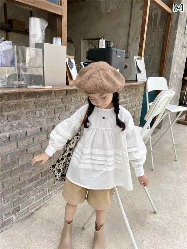 カジュアル 秋服 韓国 ガールズ 無地 ラウンドネック 人形 シャツ ベビー 綿 長袖