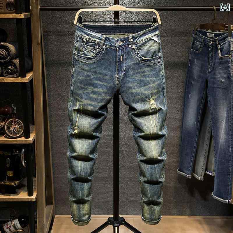 メンズ パンツ デニム ジーパン レトロ 穴 パッチ アメリカ ジーンズ スリム ストレート 引き裂かれた 洗浄 ズボン