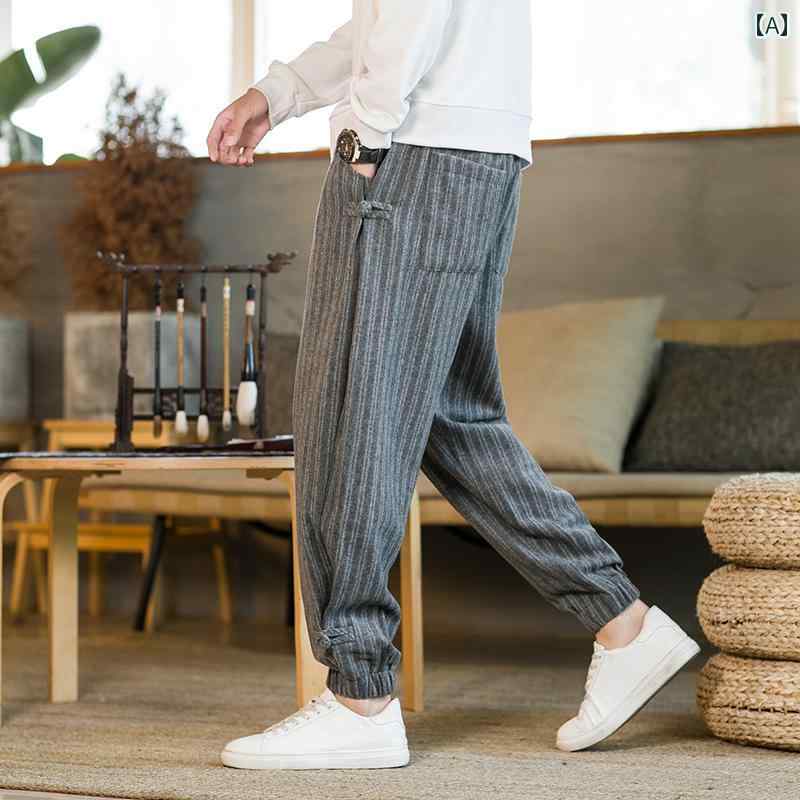 メンズ カジュアル パンツ レトロ 文学 風 中華風 ストライプ バック ルウール 大きいサイズ レギンス