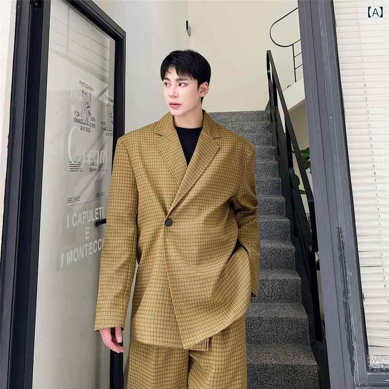 メンズ カジュアル ファッション おしゃれ 韓国 男性用 レトロ チェック柄 スーツ トップス 独立 ワン ボタン ハイエンド シンプル シック｜セキュアデポ