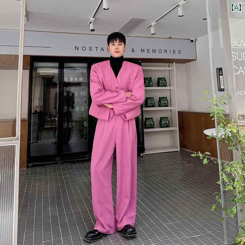 メンズ カジュアル パンツ ファッション おしゃれ 韓国 早春 スタイル ストレート 明るい 色 フロア レングス ローズレッド 秋 キャットウォーク