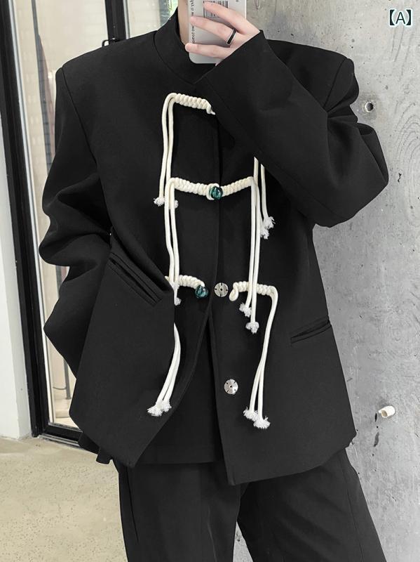 メンズ ファッション おしゃれ 韓国 中華風 プレート ボタン スタンドカラー スーツ ジャケット ハイエンド トップス チュニック