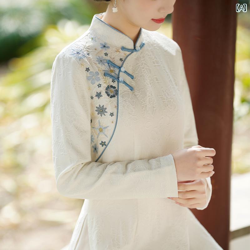 秋冬 中華風 刺繍 綿 リネン 瞑想 茶道師服 厚い チャイナ アオザイ スリム ドレス ロング