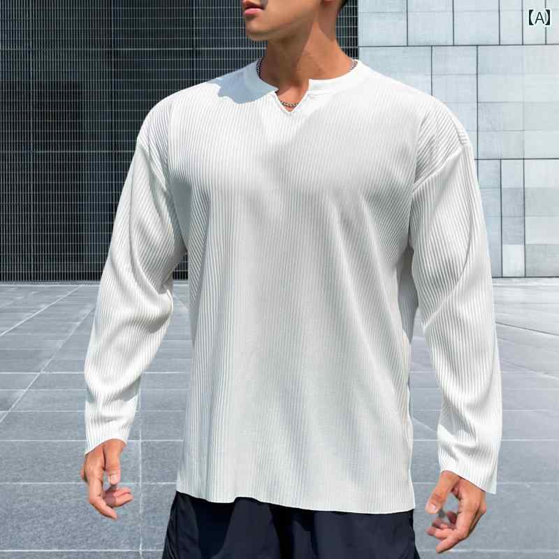 メンズ T シャツ マッスル 筋肉質 V ネック プリーツ 長袖 秋冬 ゆったり フィットネス 服 スポーツ ドレープ ヘビー ニュー トレーニング