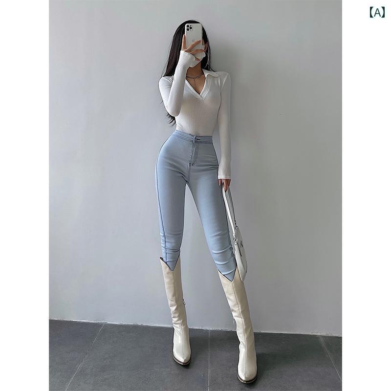 レディース パンツ デニム アメリカ ハイウエスト タイトフィット スリミング ヒップ リフティング 伸縮性 ベルベット 厚手 ペンシル