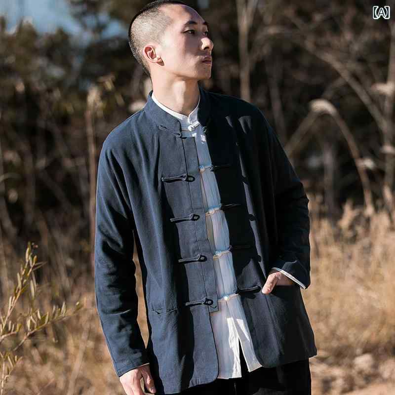 メンズ カジュアル トップス 世界 戻る 中国 ボタン アップ シャツ リネン 唐 スーツ ジャケット 中華風 綿 春秋|セキュアデポ