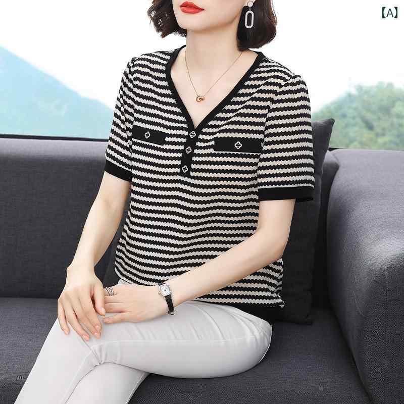 レディース 夏 トップス マザーズ 婦人服 普段使い 用 半袖 T シャツ 服 韓国 ゆったり スリム 若々しい プリント ストライプ シフォン