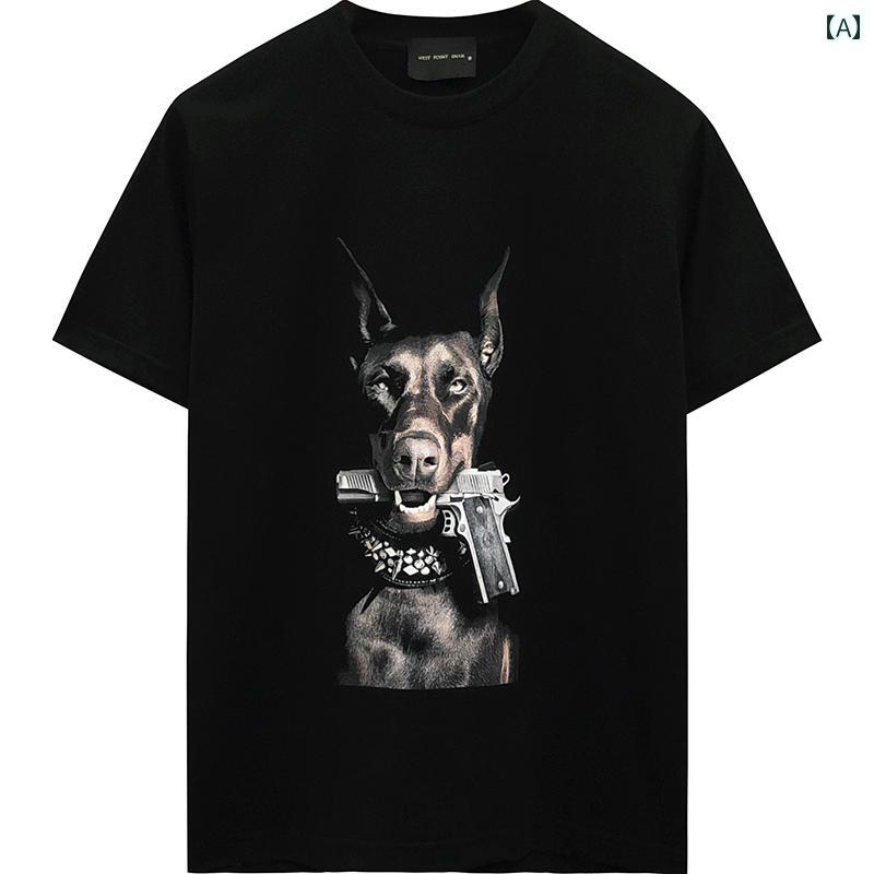 メンズ T シャツ かっこいい トップス アメリカ ストリート ファッション レトロ 射 出 プリント 悪質 犬頭 綿 カップル 半袖