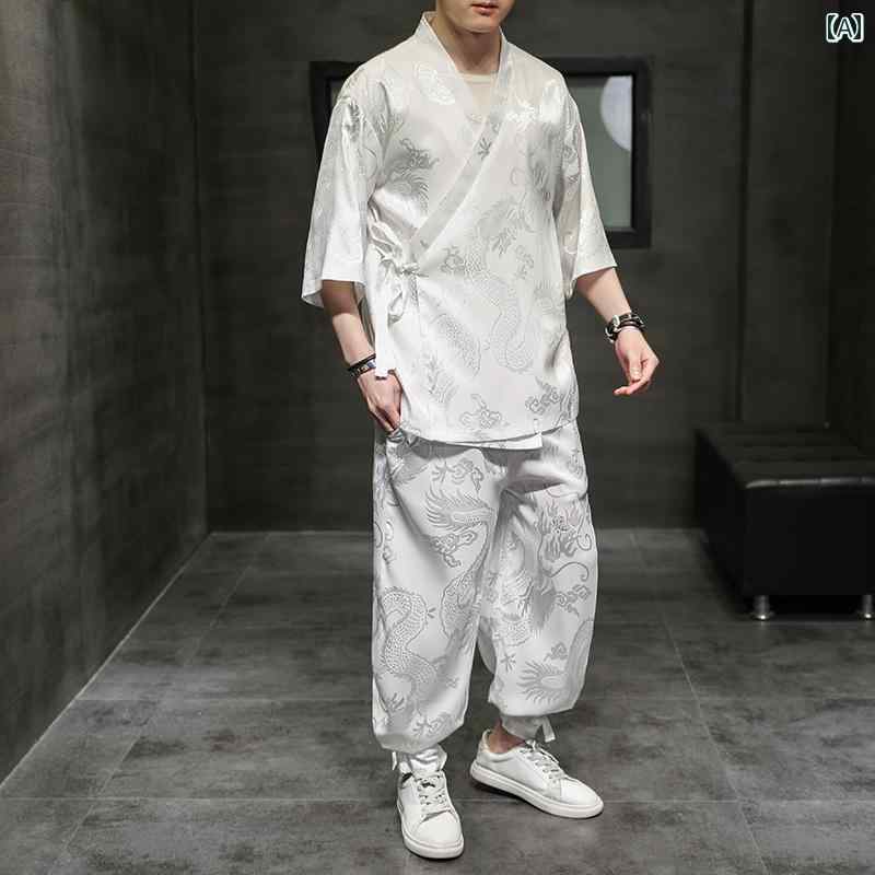 メンズ 夏 唐 背広 冷感 中華風 漢服 レトロ 信奉者 道教 衣装 茶 思い入れる