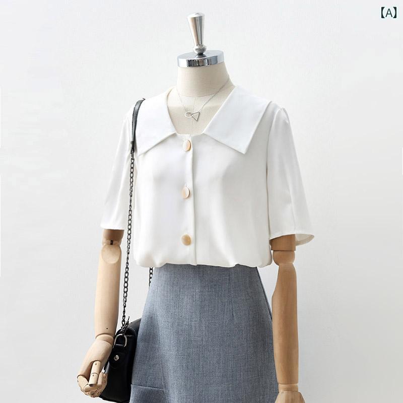 レディース 夏 シャツ 白い シフォンシャツ レトロ 人形 襟 トップス 半袖