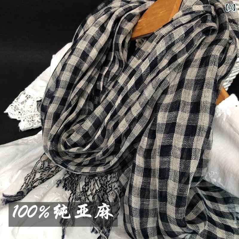 レディース 春秋 小さい チェック柄 リネン スカーフ 薄手 韓国 文学 ロング ショール 黒