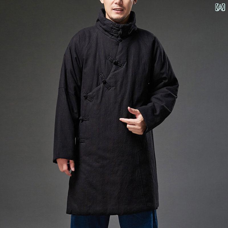 メンズ 中華風 漢服 綿入り コート スラント ジャケット ミドル丈 レトロ ラミー プレート バックル 唐 スーツ 仏教 瞑想