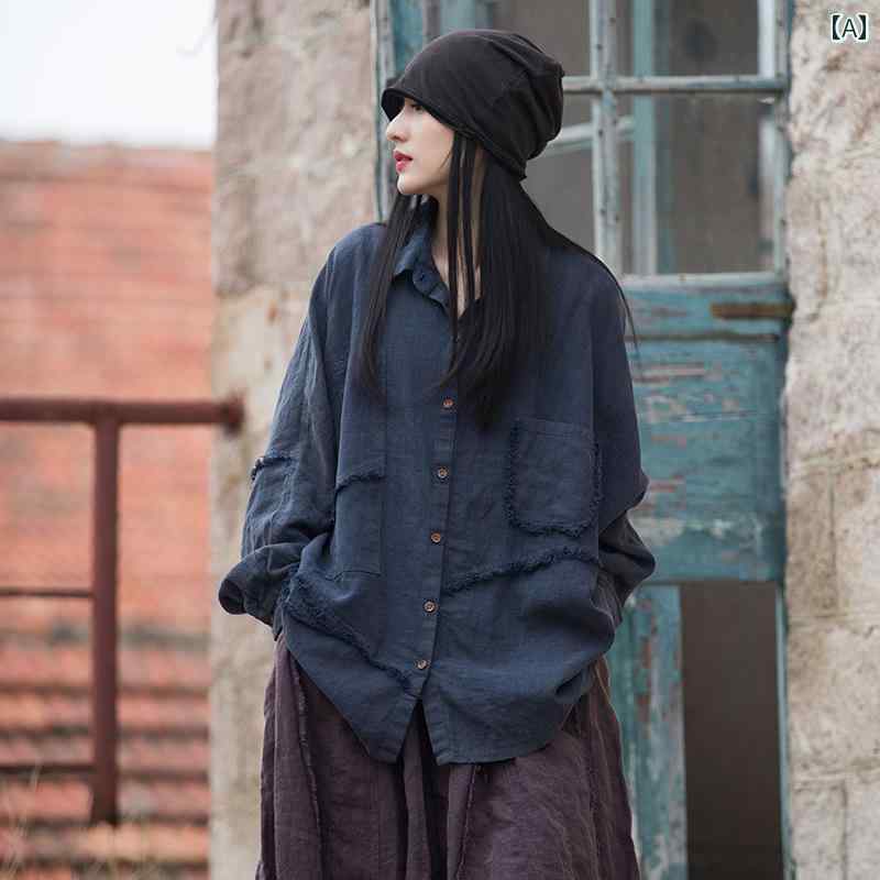 レディース 夏 ファッション レトロ 中華風 ラミー コットン サンドフライ 起毛 大きいサイズ シャツ 綿 リネン 女性 太極拳 ダメージ 加工 スプライシング 不規則 トップス