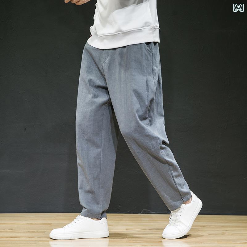 メンズ カジュアル パンツ 中華風 リネン 秋冬 ストレート 綿 レトロ 大きめ サイズ ズボン