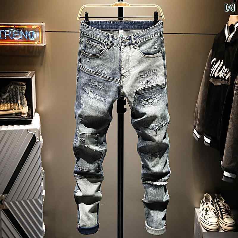 メンズ 心地よい ズボン下 ジーンズ 格好のいい 今めかしい 亜米利加 レトロ 表どおり 成人男性用 破れた デニム ハイエンド ウォッシュ 不都合 製造 スプライシング メンズファッション-ズボン・パンツ