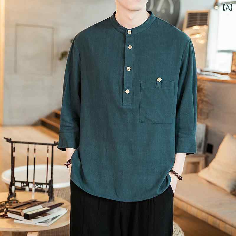 メンズ 夏 ファッション チャイナ風 レトロ おしゃれ リネン T シャツ ミッド スリーブ コットンリネン マン 大きいサイズ 七分袖 トップス 服