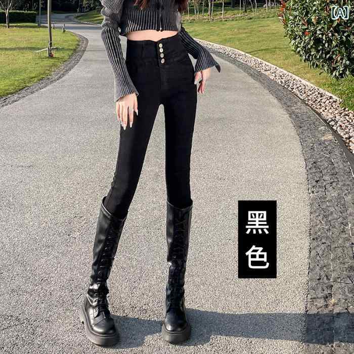 レディース パンツ デニム スタイリッシュ 黒 裾細 ジーンズ 女性 春秋 ハイウエスト スリム 弾性 タイト ペンシル｜セキュアデポ