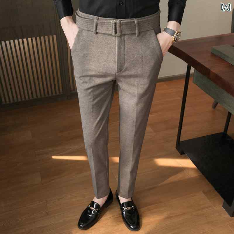 メンズ カジュアル パンツ スラックス 秋冬 ウール スリム フィット ビジネス スーツ 暖かい 厚手 弾性 九分丈｜セキュアデポ