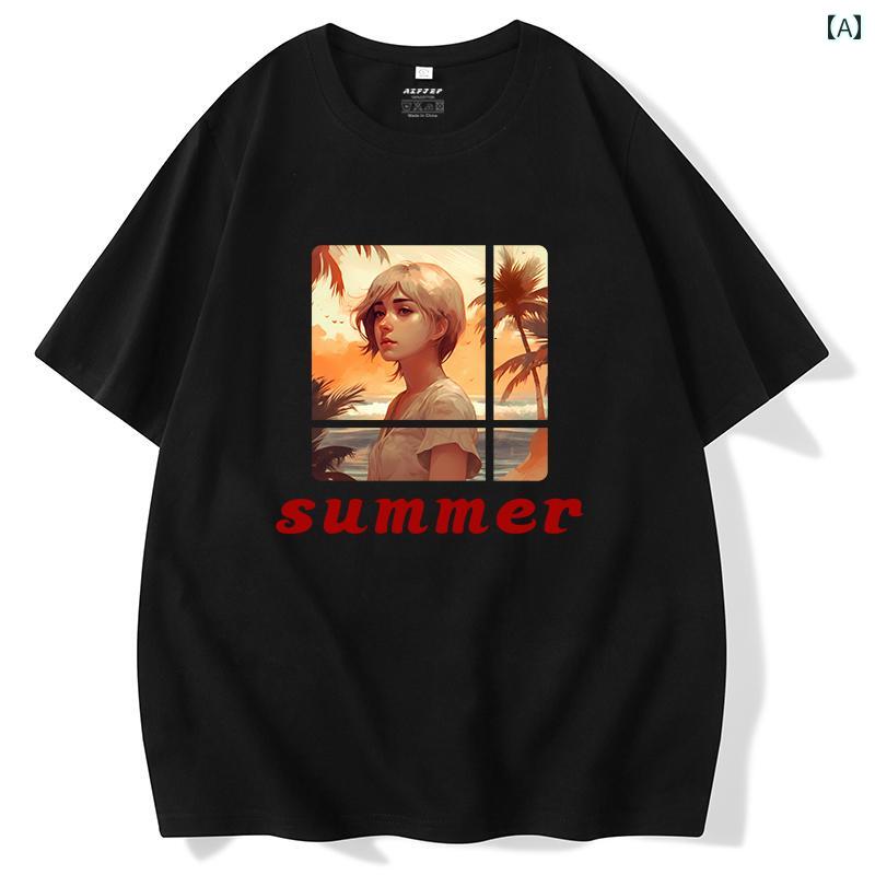 メンズ 夏 T シャツ かっこいい トップス 欧米風 アメカジ 油絵 半袖 文字 レトロ 綿 早春 カップル 着用