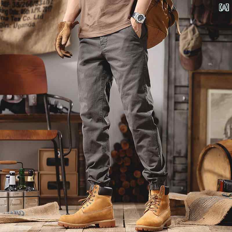 メンズ カジュアル パンツ 春秋 男性用 足 締め アウトドア ブーツ ワーク 作業 ズボン レトロ コットン スリム