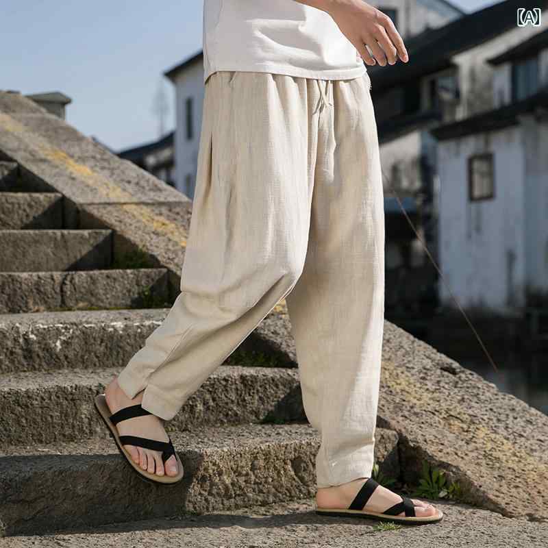 メンズ 夏 心地好い ズボン下 中華風 細長い切口 リネン 薄っぺら 綿 広々とした レッグ
