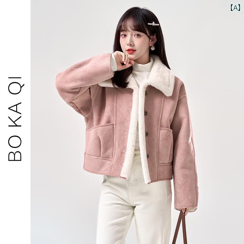 レディース ファッション 冬 ベルベット スエード ジャケット 女性 ガーリー カレッジ 小さい 毛皮 ワンピース 厚手 トップス