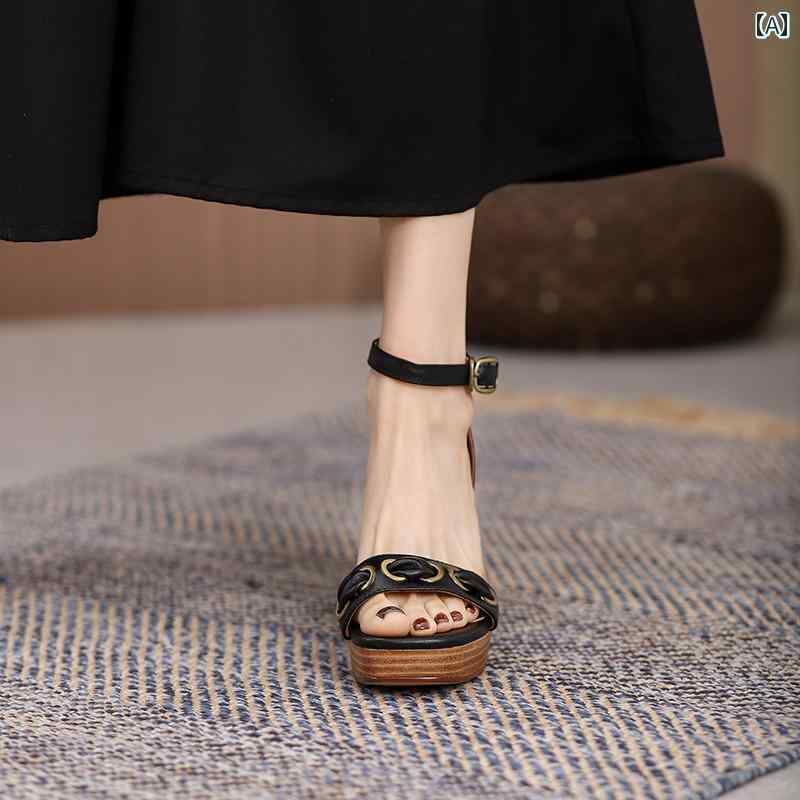 レディース 夏 防水 ハイヒール サンダル スタイルアップ おしゃれ 英国 革 女性 厚手 ヒール レトロ ブラウン 厚底 靴底 オープン トゥストラップ