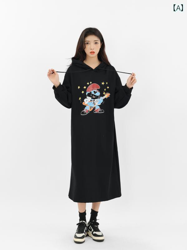 レディース ワンピース パーカー ゆったり 快適 ワンピ 体型カバー ドレス 女性 秋冬 ハイエンド ベルベット 厚手 プリント フード付き スウェットシャツ スカート