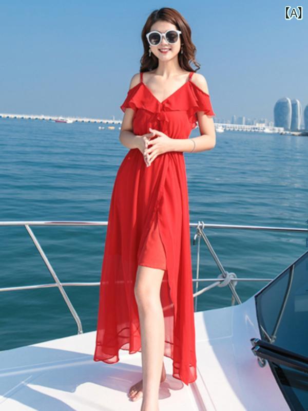 レディース 夏 リゾート ワンピース 赤い シフォン サスペンダー ドレス スーパー フェアリー ビーチ スカート 女性 海辺 休暇 旅行 服
