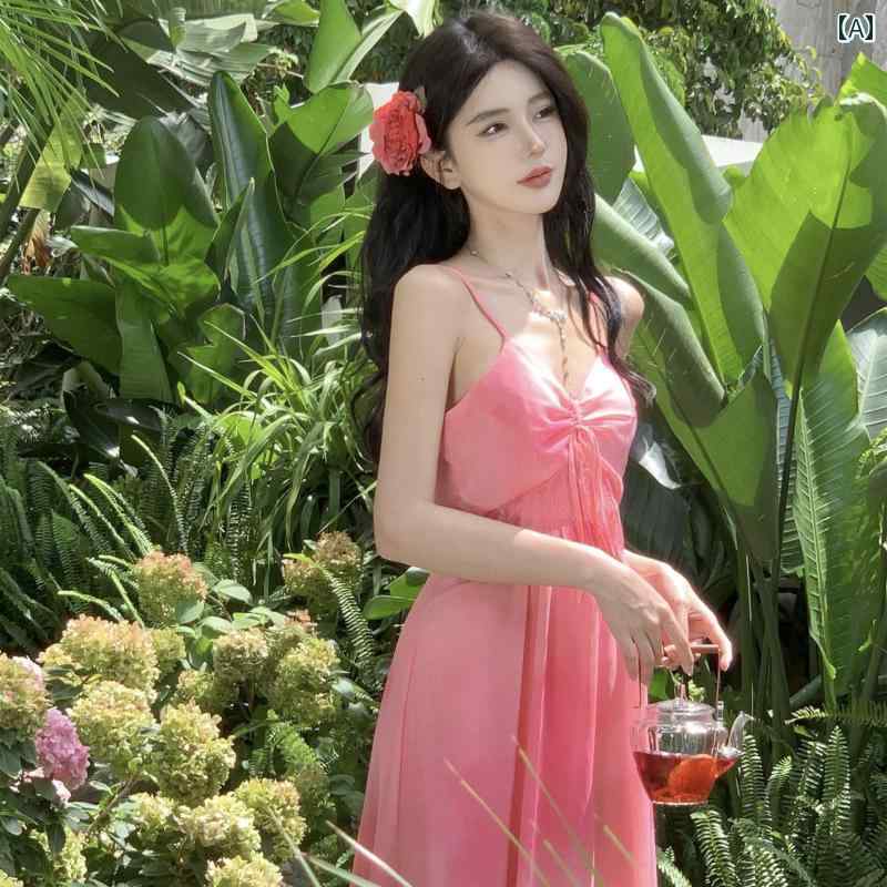 レディース リゾート ワンピース 婚 旅行 写真撮影 衣装 女性 海辺 ビーチ スカート レンダリング ピンク バックレス サスペンダー ドレス