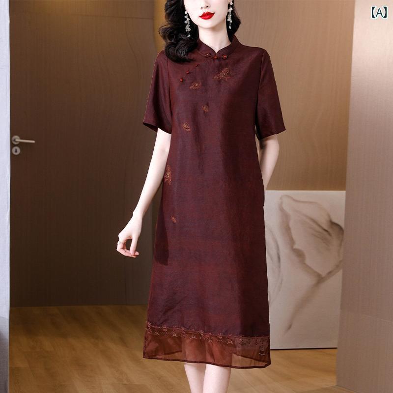 レディース 夏 ワンピース きれいめ 上品 マザーズ ミセス 婦人服 ドレス 女性 ママ ハイエンド チャイナ 桑 スカート