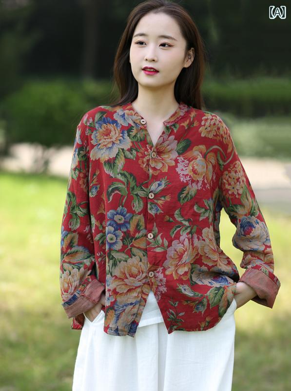 レディース 夏 服 サマーウェア 女性用 エスニック コットンリネン トップス レトロ ダメージ プリント シャツ 長袖 コットンガーゼ 大きいサイズ 日焼け防止 カーディガン