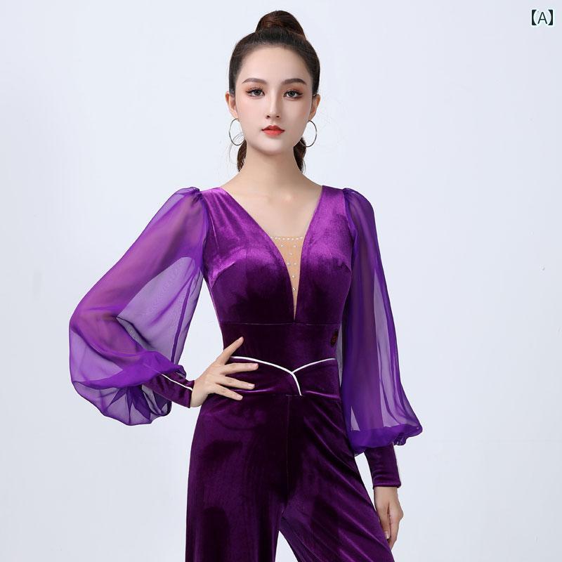 レディース ズボン下 ハイエンド 天鵝絨 上半身 形づくる 服 折りかがみ 可愛らしい 社交ダンス 衣装 ワルツ トップス