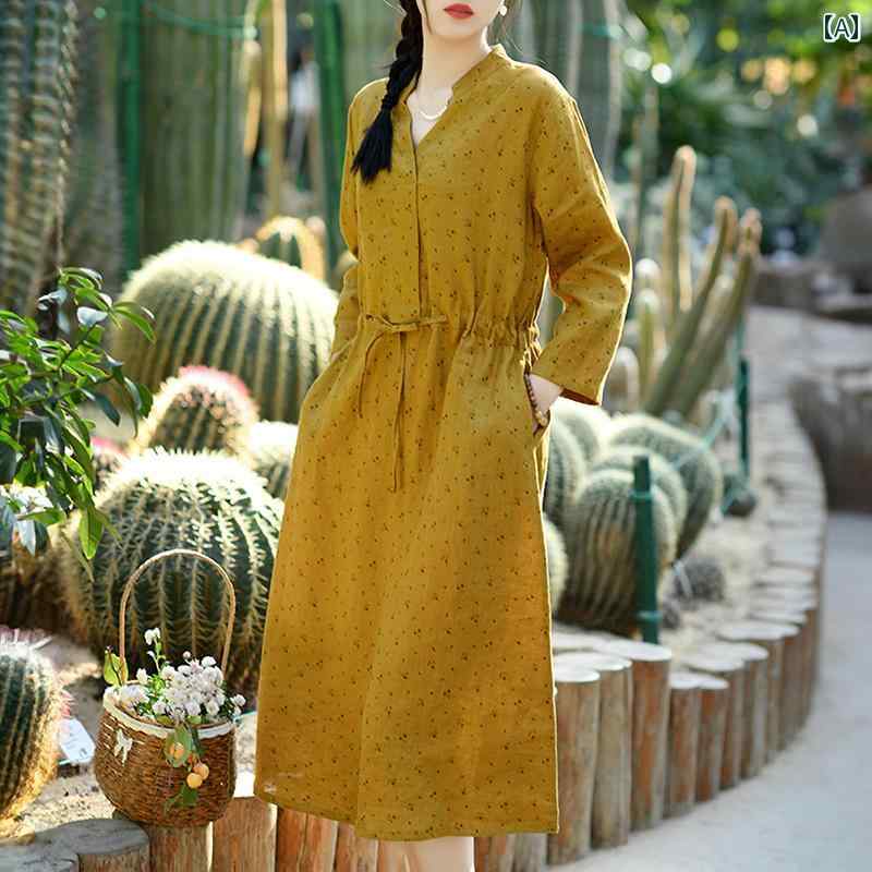 レディース 夏 ゆったり ワンピース リネン ドレス エスニック 婦人服 春 綿 文学 レトロ スリム ロング スカート｜セキュアデポ 6,749円