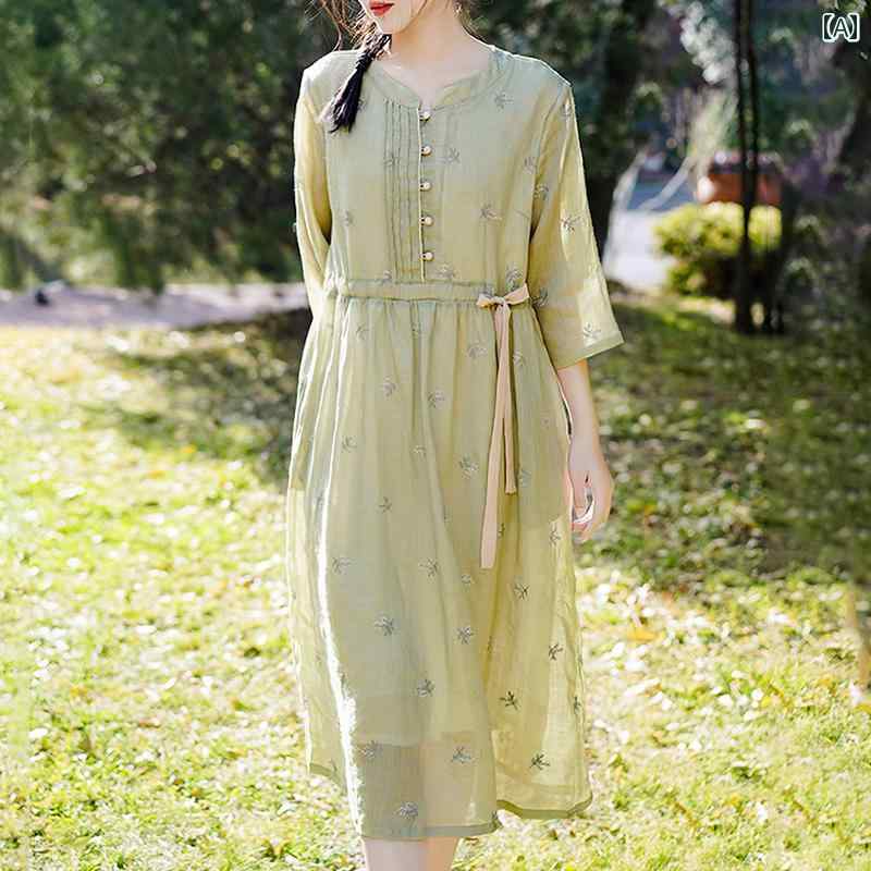 レディース 夏 ワンピース レトロ 中華風 リラックス ウェア ラミー ドレス 女性 刺繍 小さい フレッシュ 綿 リネン エスニック ゆったり スカート|セキュアデポ