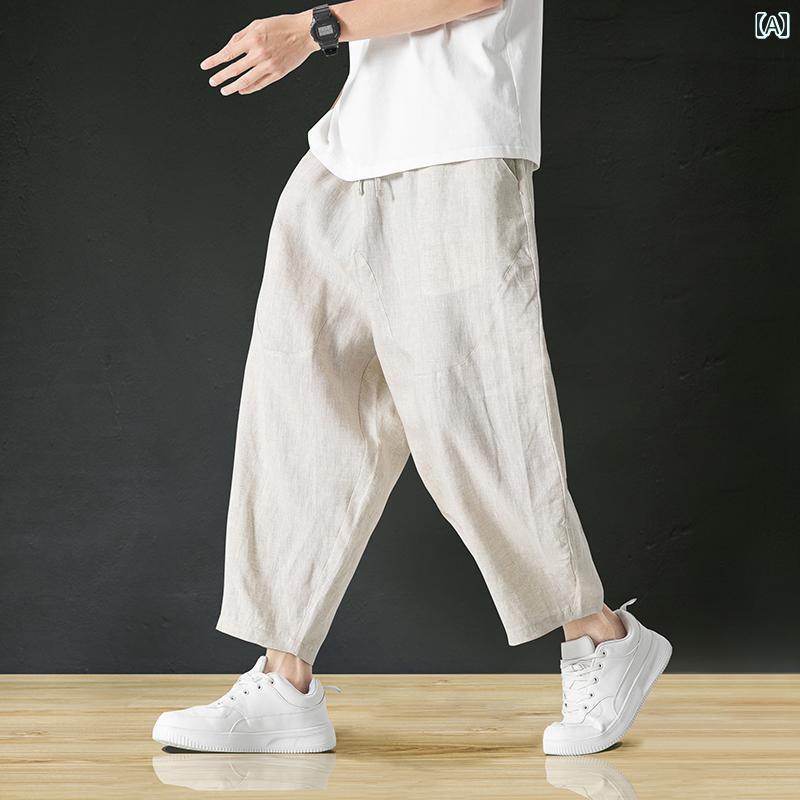 メンズ カジュアル パンツ 軽量 通気性 レトロ ワイド レッグ サマー リネン 九分丈
