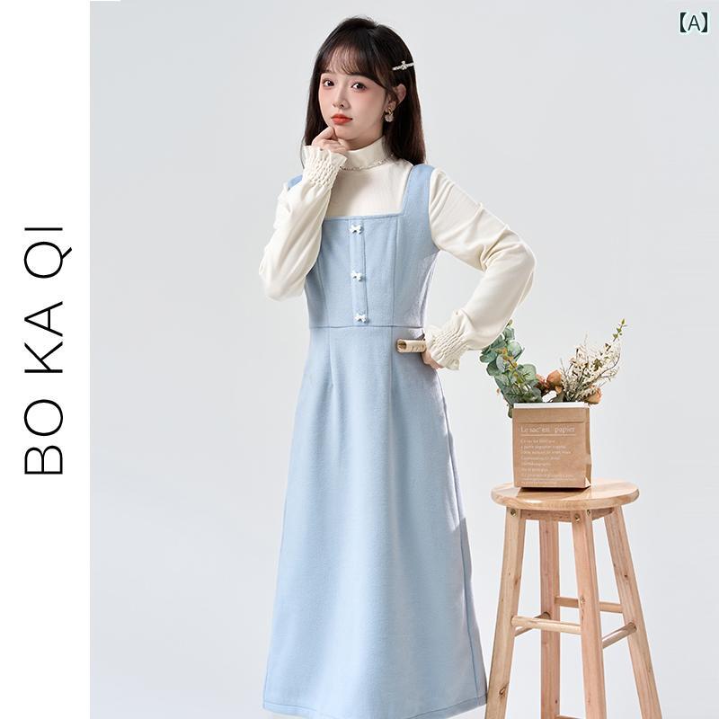 ワンピース きれいめ ガーリー 大人かわいい 秋冬 ハーフ ハイネック フェイク ツーピース ウール ドレス 女性 スリムフィット ボウ a ラインイン ミドル丈 スカート