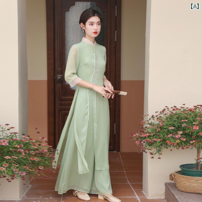 レディース 夏 チャイニーズ スタイル ワンピース おしゃれ 上品 婦人服 女性用 チャイナ ドレス 中華風 瞑想 スーツ 高級感 フェアリー レトロ 漢服 ティー