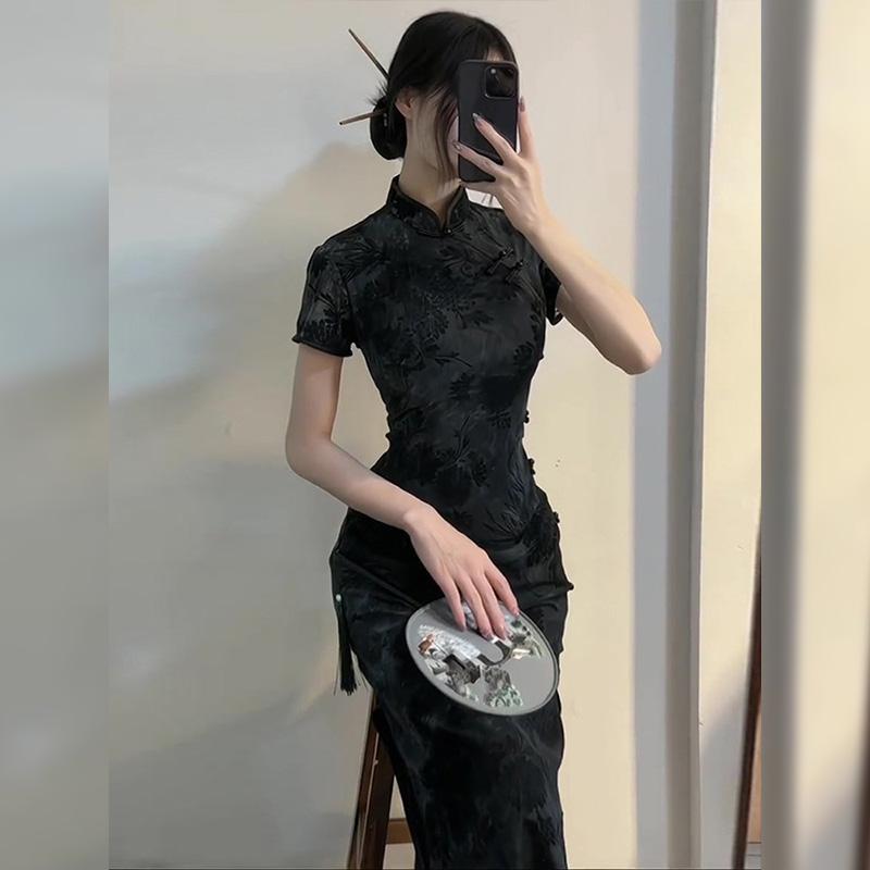 レディース ワンピース ドレス イブニング バースデー カクテル パーティー 中華風 チャイナ 若々しい ハイエンド スリム ブラック ジャカード｜セキュアデポ