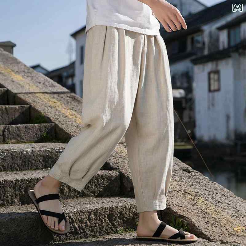 メンズ 心地好い 夏 ズボン下 炎節 ゆったり ズボン 中華風 和風 綿麻 九分丈 途轍も無い大いさ カラムシ 弱められた 足 筋目 成人男性用 その他-メンズファッション